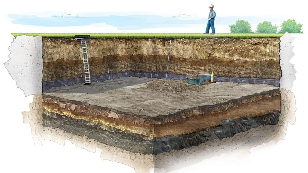 A cross-section diagram showing a deep hole in the ground (where a pool once was). Clearly illustrate multiple layers of fill material: a bottom layer of clean gravel/aggregate, followed by compacted layers of certified fill dirt, and finally a top layer of topsoil. A worker is standing in the pit with a vibratory plate compactor (or large jumping jack) emphasizing the process of engineered compaction.