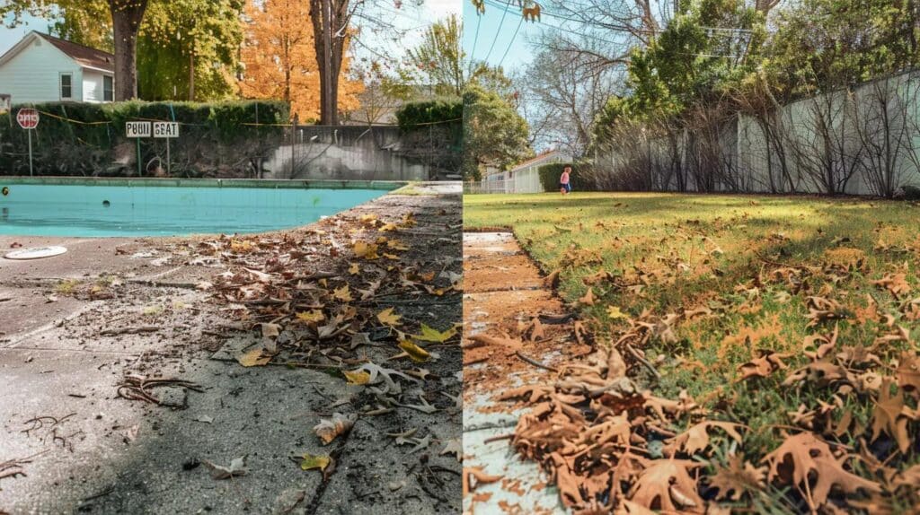 A split image contrasting two halves. The left side shows a faded, empty, cracked residential swimming pool with dead leaves and a For Sale sign next to it. The right side shows a vibrant, lush, newly graded lawn area with children playing, suggesting recovered space and liability reduction.