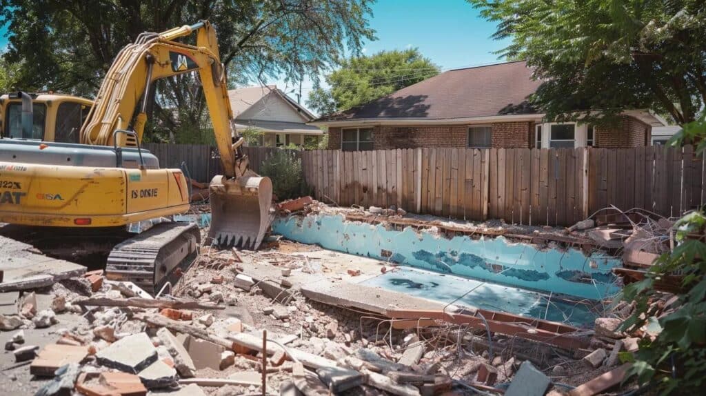 A bright, sunny suburban backyard in Oklahoma City. In the foreground, an older, unused, cracked in-ground swimming pool is being actively demolished by a yellow excavator with a concrete breaker attachment. The machine is actively breaking the bond beam.
