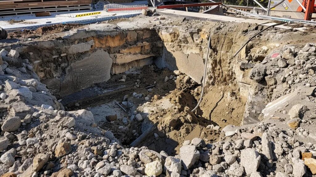 Show the top 3 feet of the concrete shell broken and lying in the pit. Clearly show large, distinct punch-out drainage holes broken into the deep end of the remaining pool shell floor. The pit is being filled, with the broken debris forming the base layer