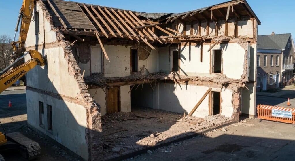 A detailed image of a partially demolished residential structure in OKC, viewed from the street. An excavator arm is visible in the frame. Focus on the exposed layers (wood, brick, foundation) to illustrate structural complexity and the challenge of removal. Include a safety sign or barrier indicating professional work is in progress.