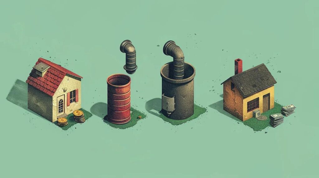 one showing a drainage pipe, one showing a stack of money/coins, and one showing a small house/structure (representing permits/future building). Bright, clean, and easily digestible informational style.