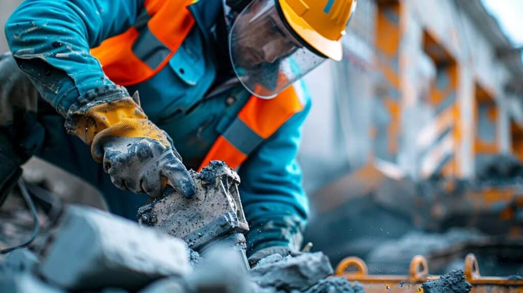 A detailed, close-up photograph of a professional demolition crew member wearing high-vis gear and a hard hat, operating specialized machinery (like a jackhammer attachment on an excavator arm) to precisely break up thick concrete. Focus on the controlled nature of the work. The background should show a clean, well-organized worksite.