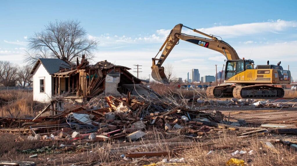 A dynamic photo taken from a safe distance showing two contrasting demolition scenes side-by-side. On the left, a small, residential home structure is being carefully torn down by a yellow excavator with a thumb attachment (representing precision). On the right, a larger, low-rise commercial building is being taken down by a much larger piece of heavy machinery. The Oklahoma City skyline is visible faintly in the distance.
