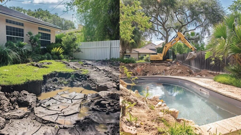 A split image representing the contrast between worry and peace of mind. On the left side, a cracked, depressed, and overgrown area of ground where a pool was partially removed, subtly showing a small sinkhole forming. On the right side, a sunny, flat, and perfectly graded backyard ready for new use, with a professional excavator from F5 Demolition completing the final backfill layer in the background.
