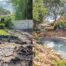 A split image representing the contrast between worry and peace of mind. On the left side, a cracked, depressed, and overgrown area of ground where a pool was partially removed, subtly showing a small sinkhole forming. On the right side, a sunny, flat, and perfectly graded backyard ready for new use, with a professional excavator from F5 Demolition completing the final backfill layer in the background.
