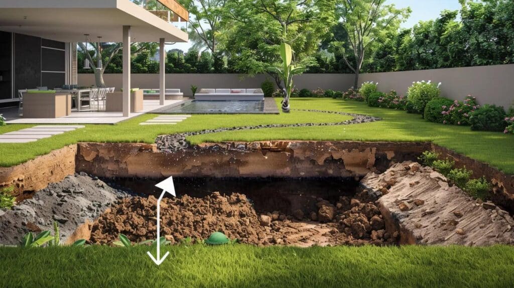 A clear visual illustrating the cross-section of a backyard. On the left side (Partial Demolition), show a pool shell with the top broken off, debris piled inside, and an arrow pointing to a small void underneath the compacted topsoil (representing future settling). On the right side (Full Demolition), show a completely empty pit being filled uniformly with clean, layered structural fill being heavily compacted by a small, professional plate compactor, with the resulting surface being perfectly flat. Architectural drawing style.