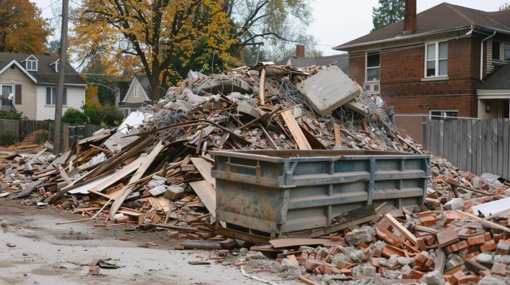 A photograph showing the end stage of a residential house demolition. A large pile of mixed debris (wood, concrete, metal) neatly separated on the site, ready for haul-off. A debris container or roll-off dumpster is visible. The scene should convey controlled chaos and large-scale material volume.