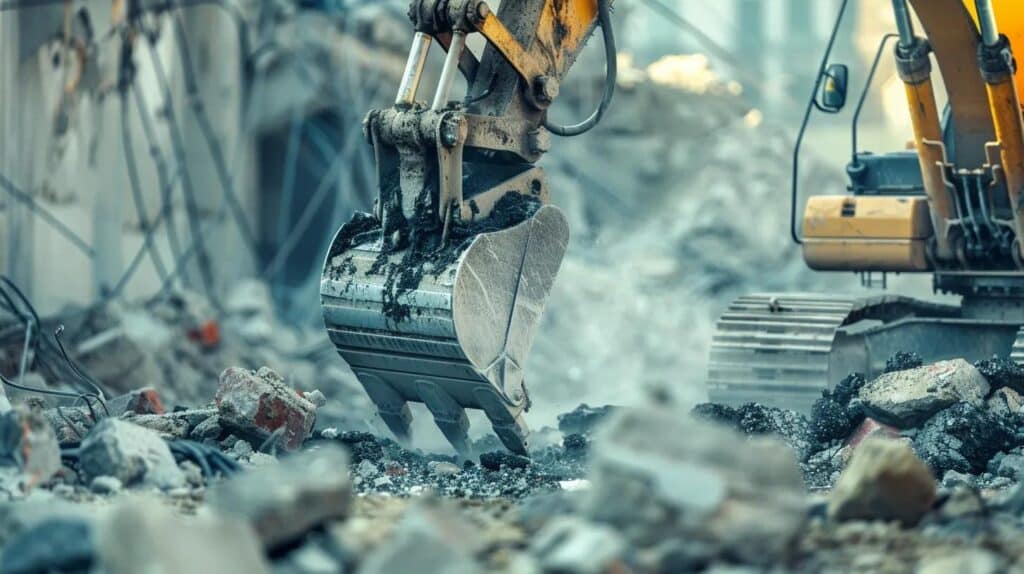 A powerful, low-angle shot of a heavy-duty hydraulic breaker attachment being used to smash thick, reinforced concrete on a large industrial or commercial site. The concrete should show rebar structure. The setting should be gritty and large-scale, emphasizing the power required for commercial and specialized concrete work.