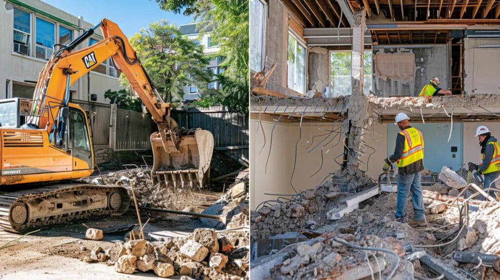 A split image. On the left side: An excavator with a pneumatic hammer attachment precisely removing a section of an old concrete swimming pool wall in a sunny backyard. On the right side: Two workers in high-visibility vests and helmets inside a commercial building, performing careful interior selective demolition with smaller hand tools, focusing on precision wall removal.