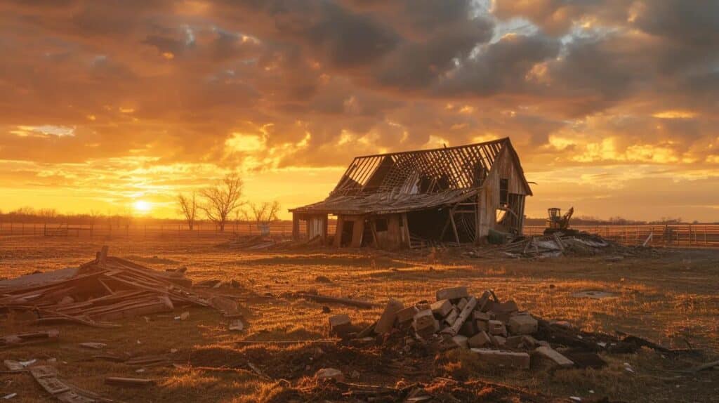 A wide shot of an old dilapidated barn being safely dismantled by heavy machinery in a rural Yukon, Oklahoma landscape. Golden hour lighting.