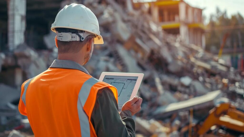 A close-up shot of a professional contractor in a hard hat reviewing a digital tablet with a site plan, standing in front of a demolition site. Professional and trustworthy vibe.