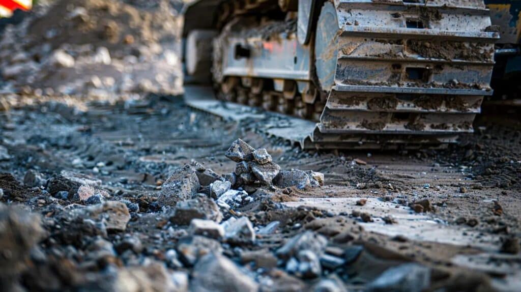 A powerful hydraulic breaker attachment on a bobcat cracking a thick concrete driveway. Close up on the texture of the breaking concrete and the precision of the machine.