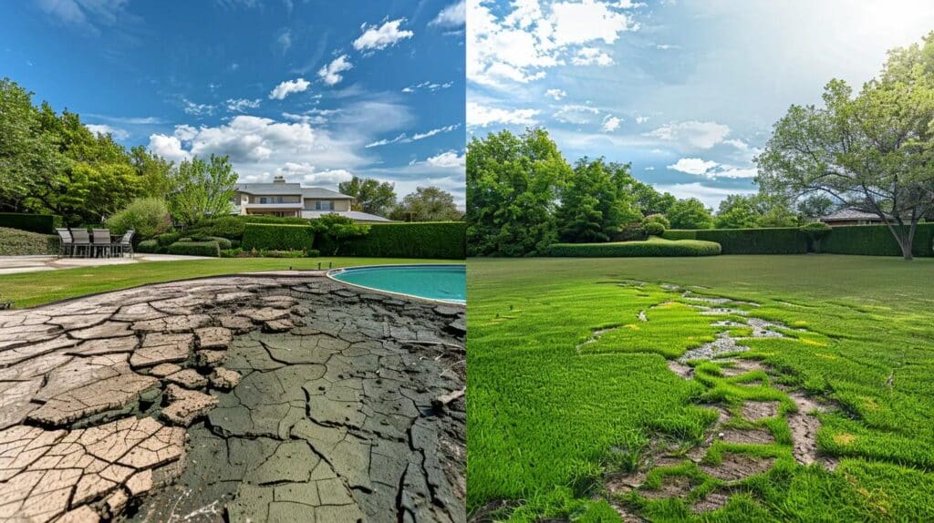 A before-and-after split screen showing a cracked, green-water pool on one side and a lush, green, leveled grass lawn on the other. Realistic residential setting in OKC.