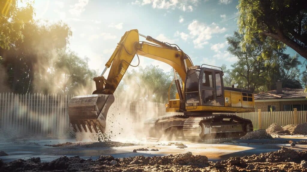 A high-action, realistic photo of a yellow excavator carefully breaking the concrete edge of an in-ground swimming pool in an Oklahoma suburban backyard. Bright sunlight, dust particles in the air, and a clear F5 Demolition style professional atmosphere. 8k resolution, cinematic lighting.