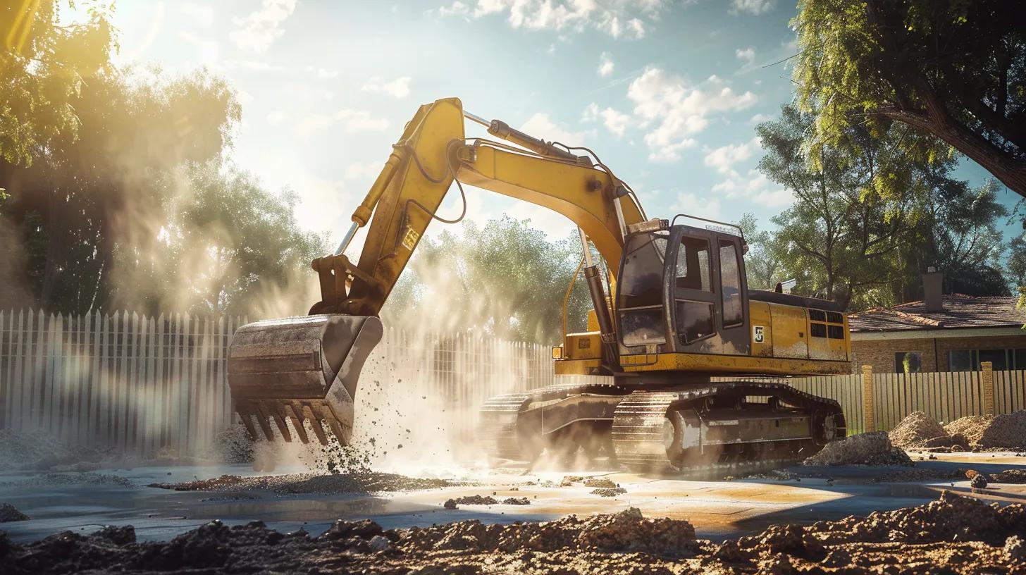 A high-action, realistic photo of a yellow excavator carefully breaking the concrete edge of an in-ground swimming pool in an Oklahoma suburban backyard. Bright sunlight, dust particles in the air, and a clear F5 Demolition style professional atmosphere. 8k resolution, cinematic lighting.