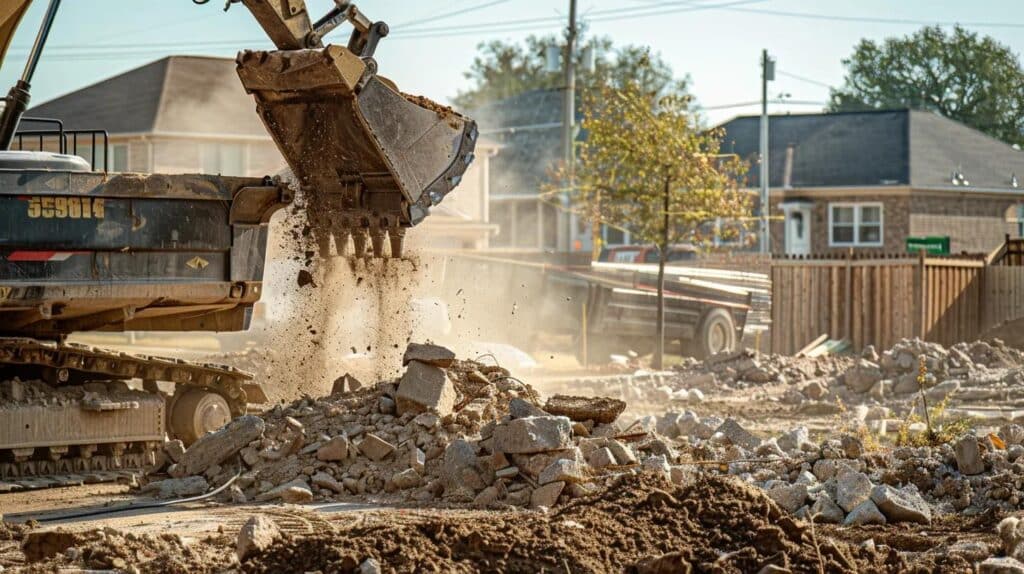 A high-action shot of an excavator bucket lifting a large chunk of concrete debris into a heavy-duty dump trailer. Dust is minimal but visible, showing a controlled environment. The setting is a residential neighborhood in Oklahoma, with a focus on safety and efficiency.