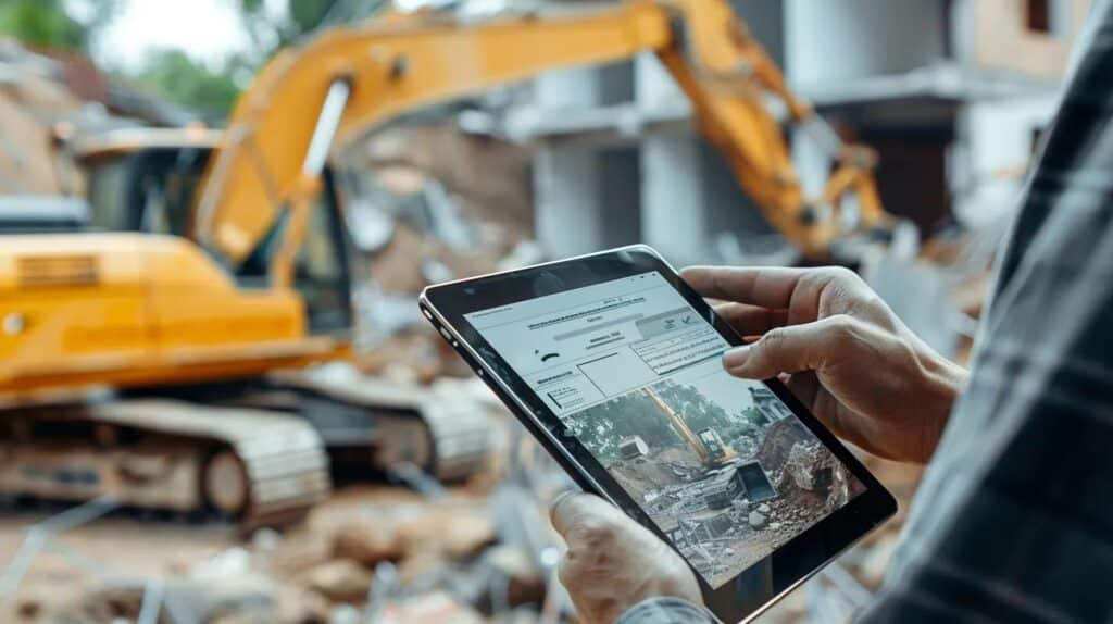 A professional close-up of a contractor’s hand holding a digital tablet displaying a clear demolition estimate sheet. In the blurred background, an excavator is working on a residential site. The image conveys transparency and professional business planning.
