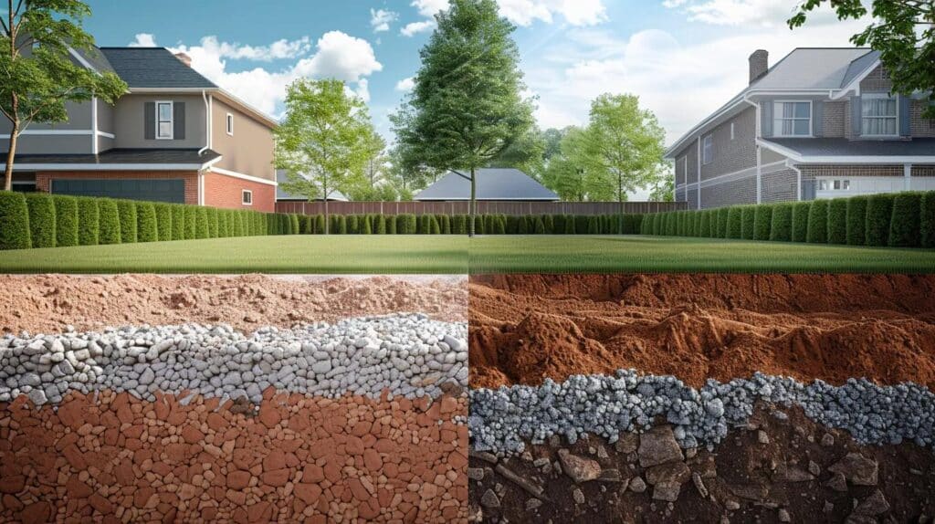 A detailed cross-section 3D render of a backyard. On one side, it shows a 'partial removal' with broken concrete at the bottom covered by layers of brown soil and gravel. On the other side, it shows a 'full removal' with a clean, deep pit being filled with uniform, compacted red Oklahoma dirt. Professional and educational style