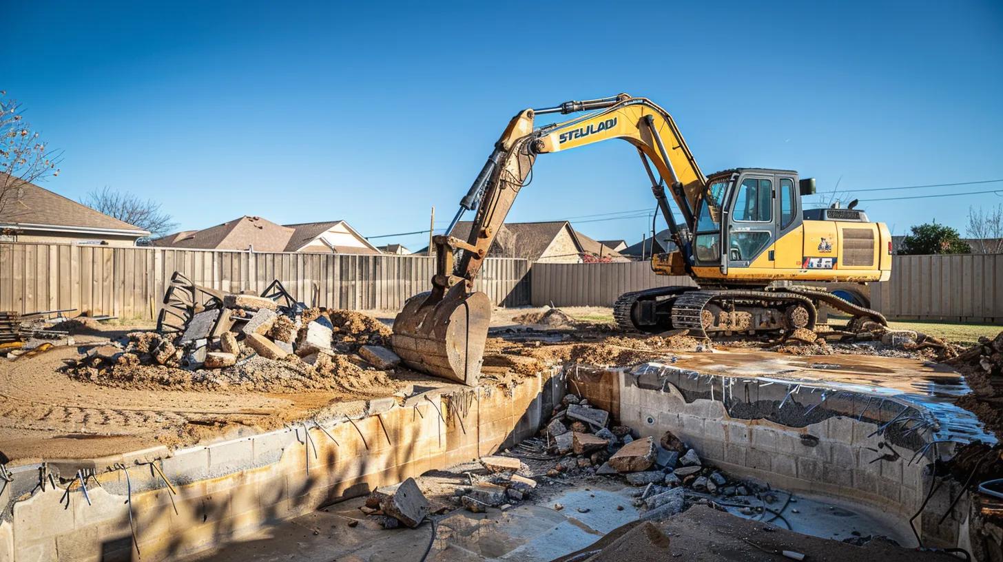 A wide-angle, hyper-realistic photo of a professional demolition site in a sunny Oklahoma City suburban backyard. A modern yellow excavator with a hydraulic breaker attachment is neatly breaking the edge of an old concrete swimming pool. In the background, a clean F5 Demolition truck is parked. The sky is clear blue, and the focus is sharp on the texture of the cracked concrete and the heavy machinery.