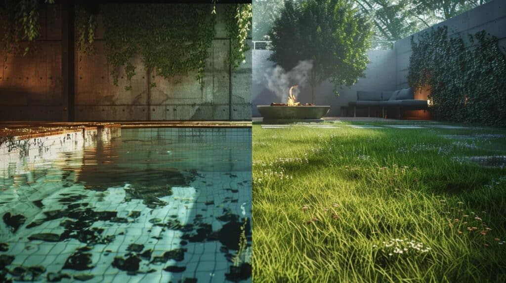 A split-screen style realistic image. The left side shows a murky, green, neglected swimming pool with cracked tiles. The right side shows a beautiful, lush green grass lawn with a small patio and a fire pit. The lighting is warm and inviting, showing a transformation of space.