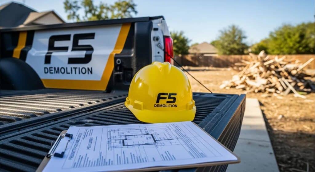 A clean, modern image of a contractor's safety helmet and a clipboard with a blueprint or permit application forms lying on a tailgate of a professional F5 Demolition branded pickup truck, overlooking a recently cleared residential lot. The focus is on planning and logistics.