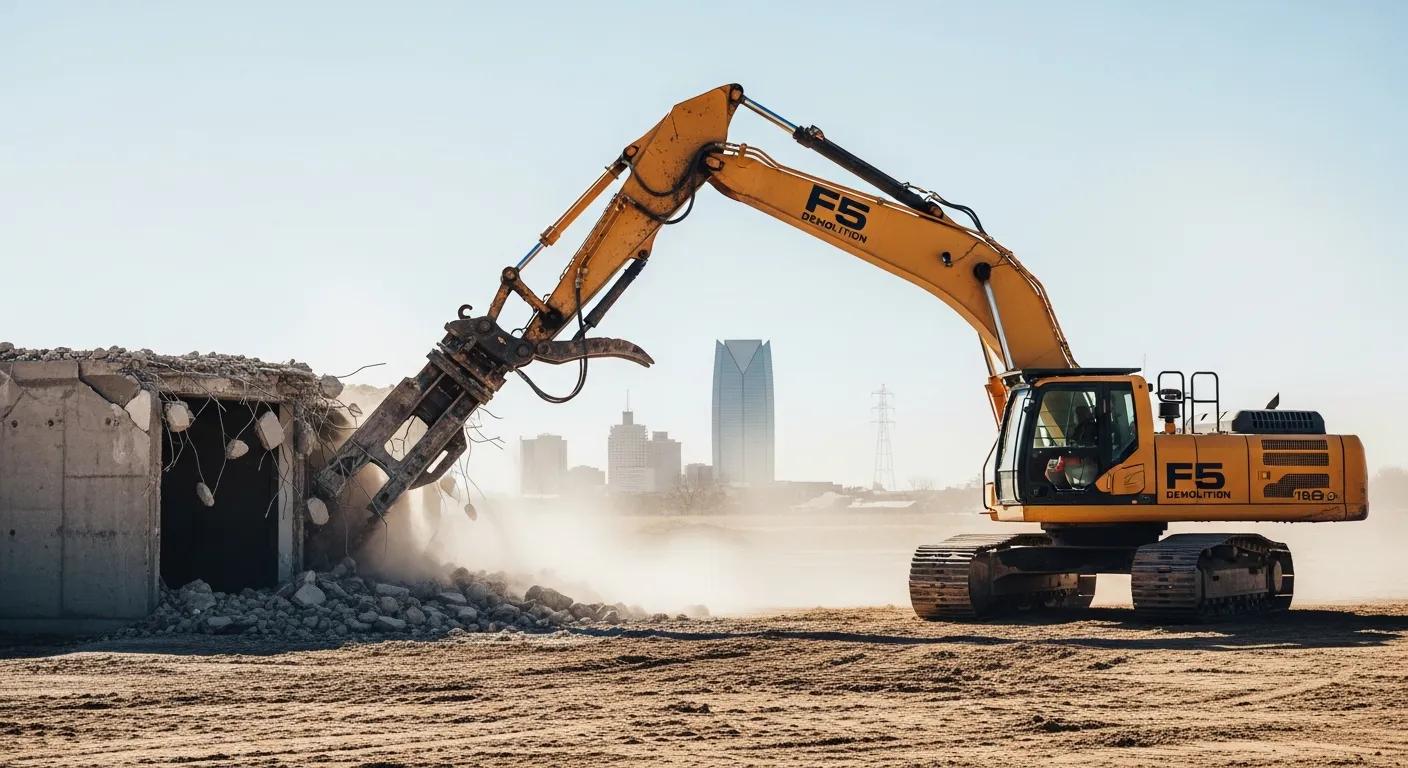 A striking, high-quality, wide-angle photograph of a professional demolition site in Oklahoma City. In the foreground, a large excavator with the F5 Demolition logo visible on the arm, actively breaking up a large section of concrete house foundation, creating dust and action. In the background, a clear view of a dry, slightly dusty Oklahoma skyline or a recognizable local OKC structure (like a modern building or distant transmission tower) under a bright, sunny sky. The atmosphere should feel professional, powerful, and focused on clean site prep.