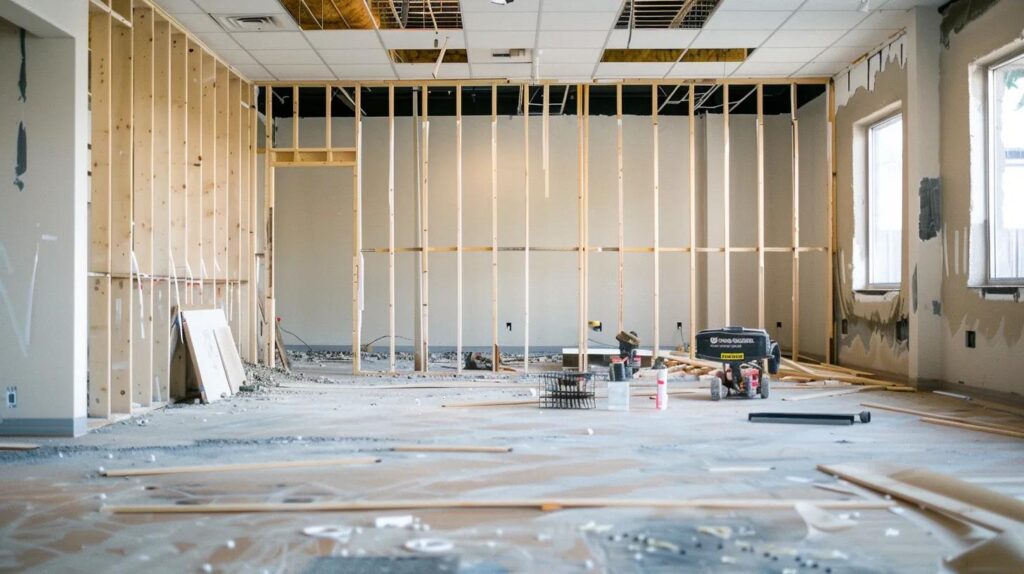 Interior view of a commercial building renovation. One wall is partially removed exposing clean wooden studs, while the adjacent room remains perfectly intact and clean. Low-vibration precision tools visible on the floor