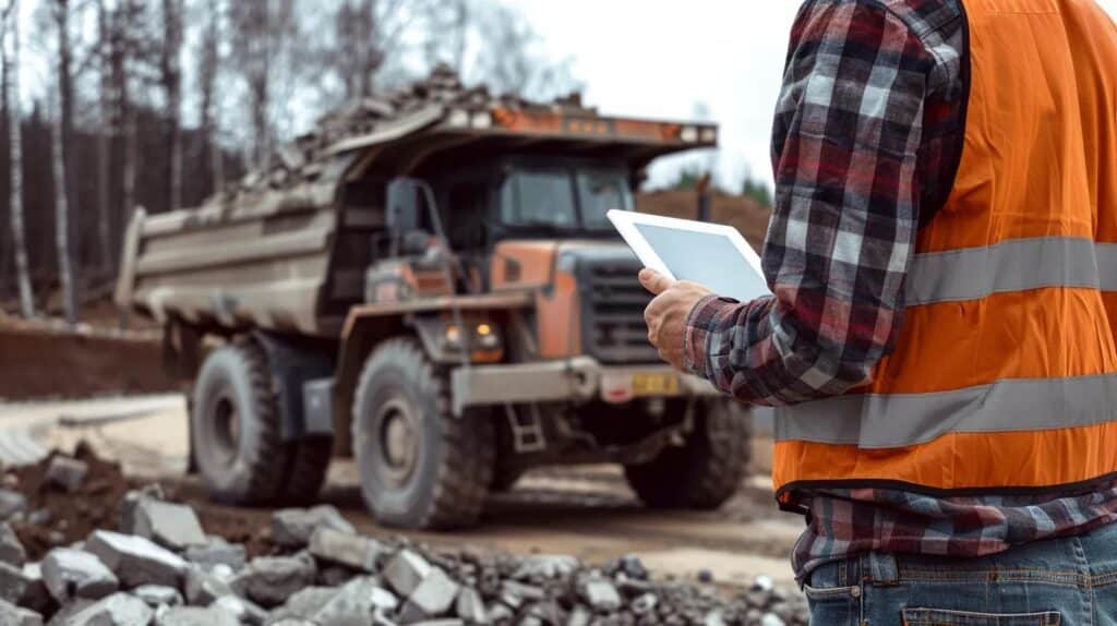 A professional contractor holding a digital tablet showing a project estimate, standing in front of a heavy-duty dump truck loaded with concrete debris.