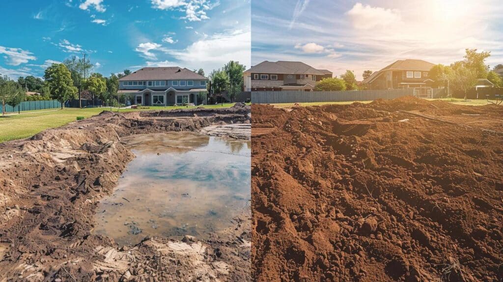 A split-screen comparison style image. Left side: A pool partially filled with compacted soil. Right side: A completely cleared, flat brown dirt lot ready for sod. High contrast, professional construction photography.