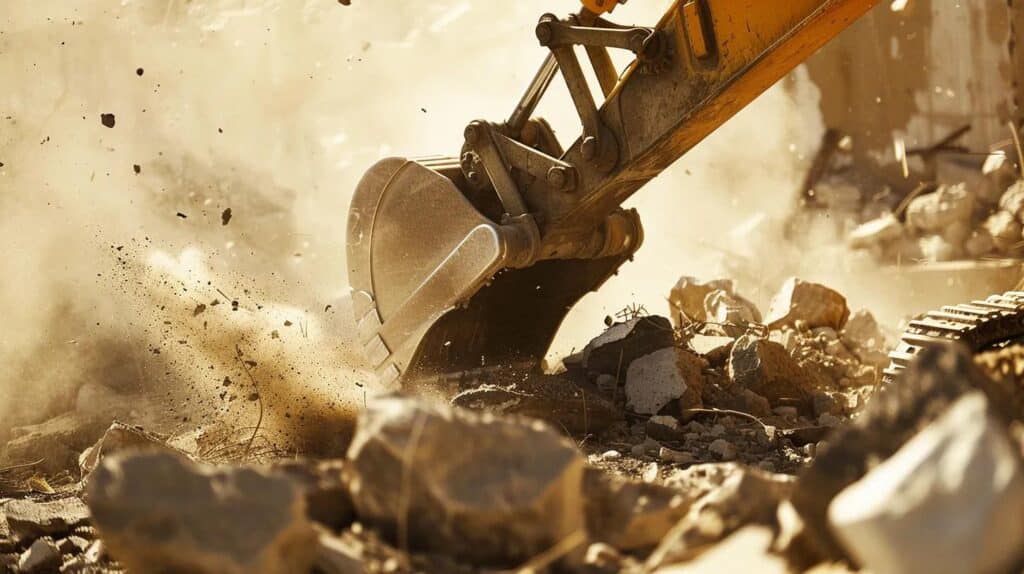 Close-up of a hydraulic hammer attachment on an excavator breaking through thick weathered concrete. Dust particles in the air, sunlight glinting off the metal, realistic textures of cracked concrete and rebar.