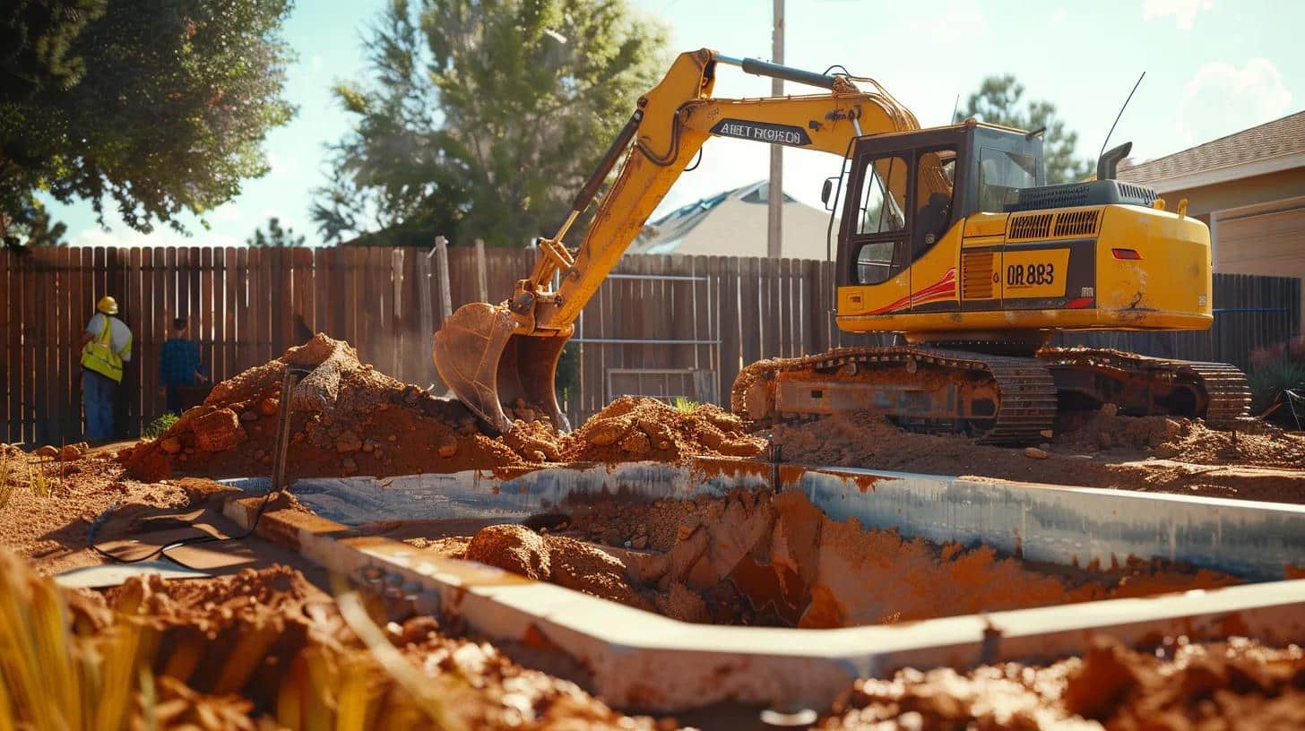 A high-resolution, realistic wide shot of a professional yellow excavator carefully removing a concrete swimming pool in a suburban Oklahoma City backyard. Bright sunny day, red dirt visible, professional crew in high-visibility vests nearby. Cinematic lighting, 8k resolution
