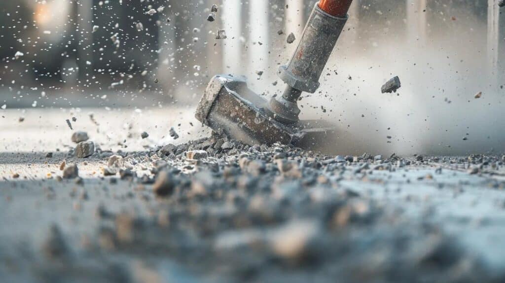 A powerful action shot of a demolition hammer breaking through a thick concrete driveway in Oklahoma City, dust flying, high detail, sharp focus.