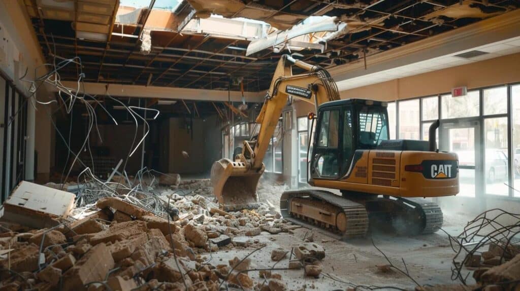 A professional photo of a skid steer performing interior selective demolition inside a commercial retail space, removing only a specific interior wall while the ceiling remains intact.