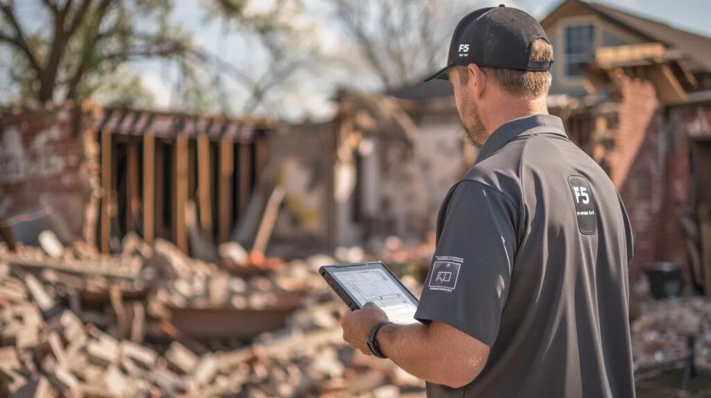 A close-up of a professional contractor in an F5 branded shirt holding a digital tablet with a site plan, standing in front of a demolition site in Yukon, OK
