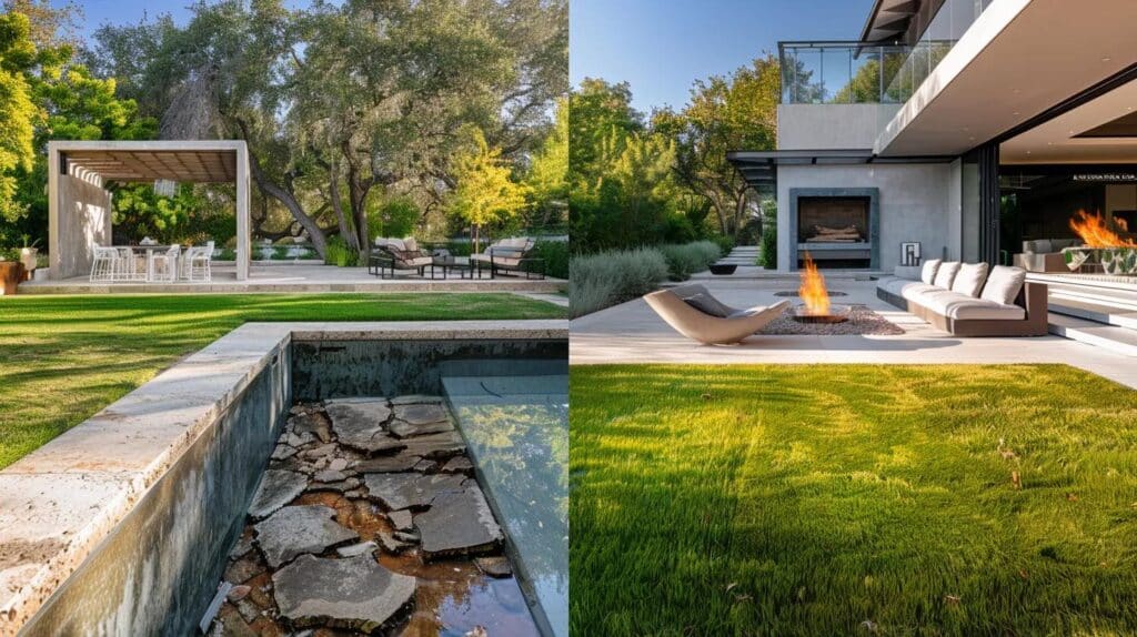 A split-screen Before and After image. Left side: an old, cracked, green swimming pool. Right side: A lush, perfectly leveled green lawn with a modern fire pit. Realistic photography.
