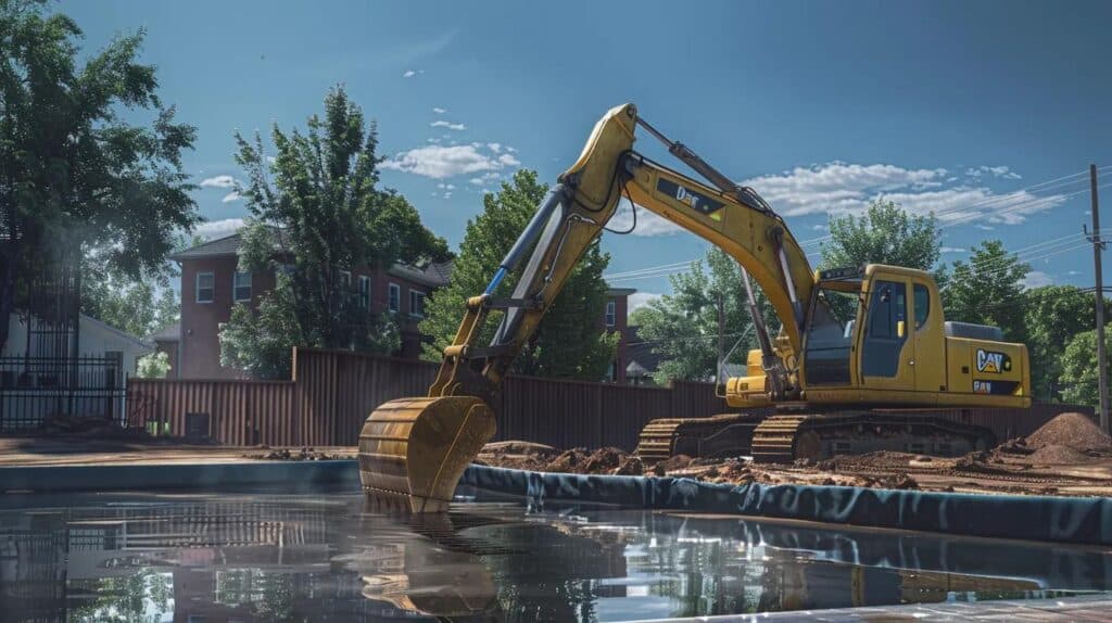 A high-resolution, realistic photo of a yellow John Deere excavator carefully removing a concrete swimming pool in a suburban Oklahoma City backyard. Bright sunny day, clear blue sky, professional crew in safety vests visible in the background. Cinematic lighting.