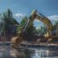 A high-resolution, realistic photo of a yellow John Deere excavator carefully removing a concrete swimming pool in a suburban Oklahoma City backyard. Bright sunny day, clear blue sky, professional crew in safety vests visible in the background. Cinematic lighting.