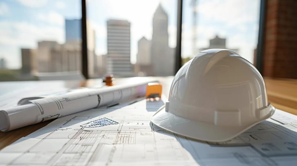 A flat-lay close-up of a set of blueprints, a hard hat, and a document with a PERMIT APPROVED stamp and the Oklahoma City skyline visible through a window in the background.