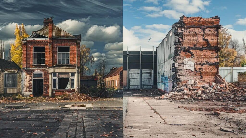 A split-screen style image showing a small residential cottage being demolished on the left, and a large brick commercial warehouse wall being taken down on the right. High contrast, cinematic lighting, sharp detail
