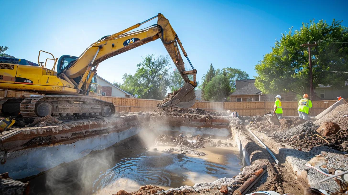 A high-resolution, wide-angle shot of a professional yellow excavator carefully removing a concrete in-ground swimming pool in an Oklahoma City suburban backyard. Bright sunny day, clear blue sky, dust being controlled by a water mist. Professional construction crew in safety vests visible in the background.
