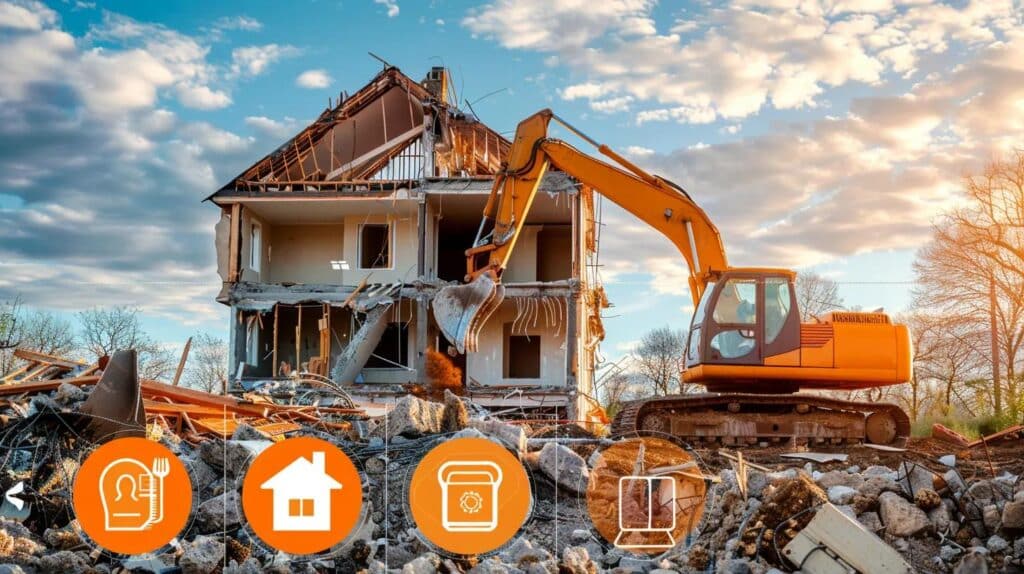 A professional-looking infographic overlaying a photo of a residential house demolition in Yukon, OK, showing icons for permits, labor, and hauling.