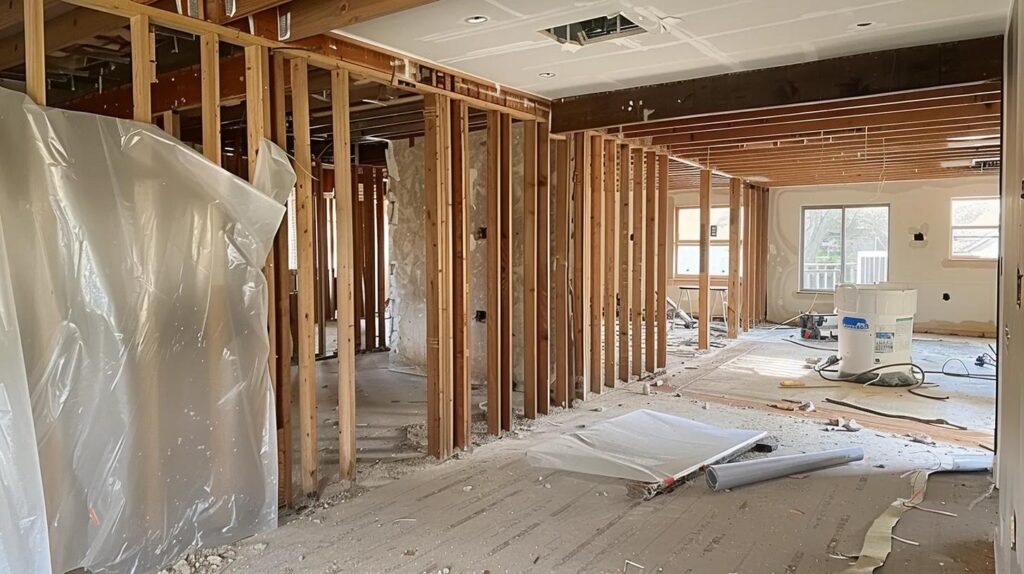 A realistic interior shot of a residential renovation in OKC. A clean selective demolition in progress where one wall is removed showing the wooden studs, while the rest of the modern kitchen remains covered in protective plastic.
