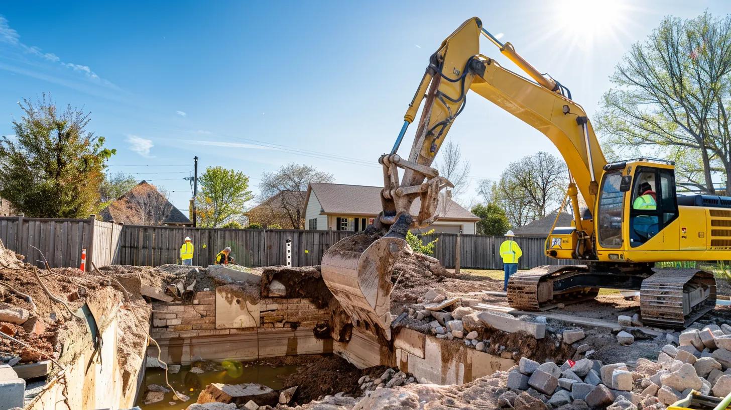 A high-resolution, realistic photo of a yellow excavator carefully removing a concrete in-ground pool in a suburban Oklahoma City backyard. Bright sunny day, professional crew in safety vests, clean site, Oklahoma landscape in background.