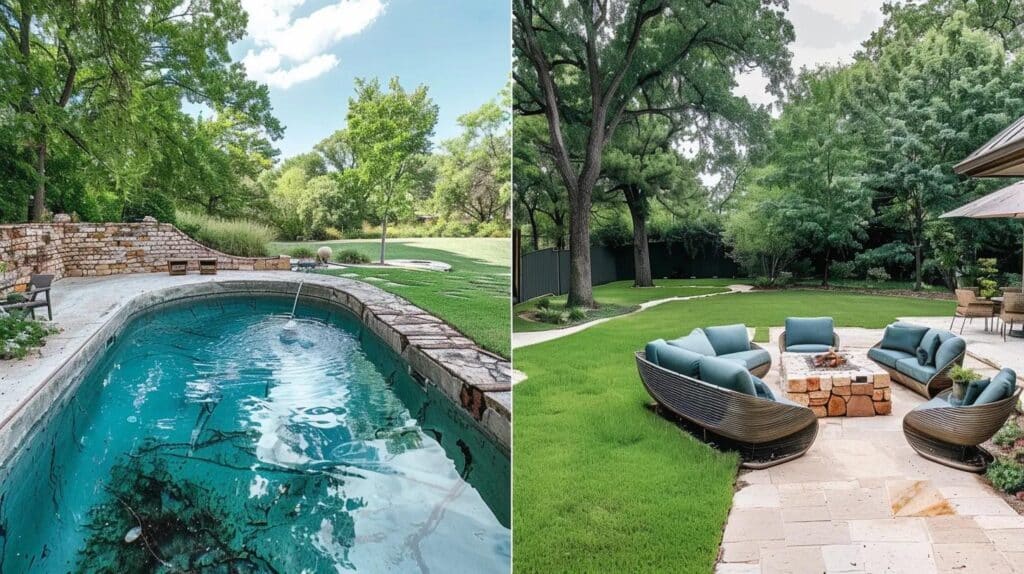 A split-screen comparison: on the left, an old, cracked, green-water swimming pool; on the right, a beautiful, lush green Oklahoma lawn with a new fire pit and outdoor seating.