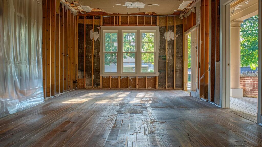 Interior shot of a residential renovation in Oklahoma City. Precision tools are being used to remove a single non-load-bearing wall, exposing the wooden studs while the hardwood floors and ceiling remain perfectly protected with plastic sheeting.