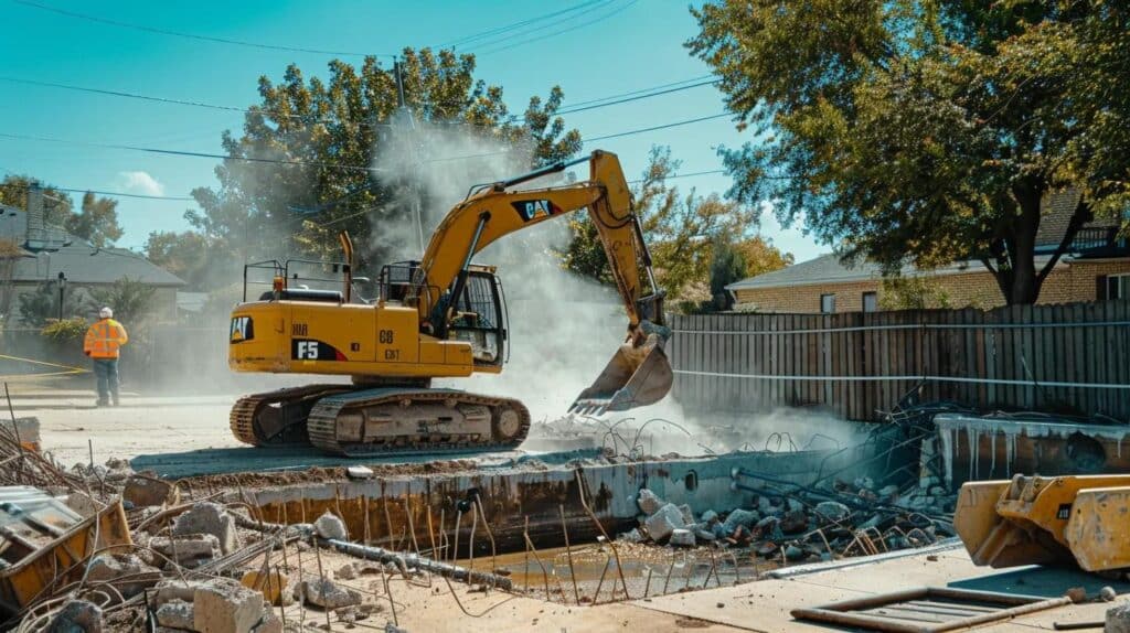 A high-resolution, realistic photo of a professional yellow excavator carefully removing a concrete inground pool in a suburban Oklahoma City backyard. Clear blue sky, dust control water mist visible, professional crew in high-visibility vests nearby. F5 Demolition style branding environment.