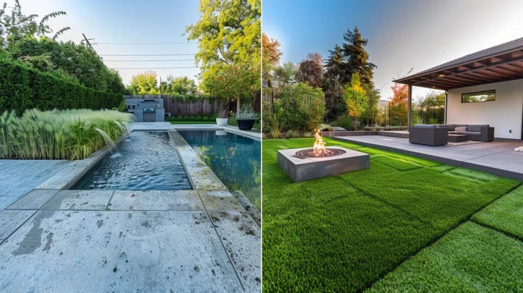 A split-screen 'Before and After' style photo. Left side shows an old, green, cracked concrete pool. Right side shows a lush, green, perfectly graded grass lawn with a small modern fire pit. Realistic outdoor lighting.