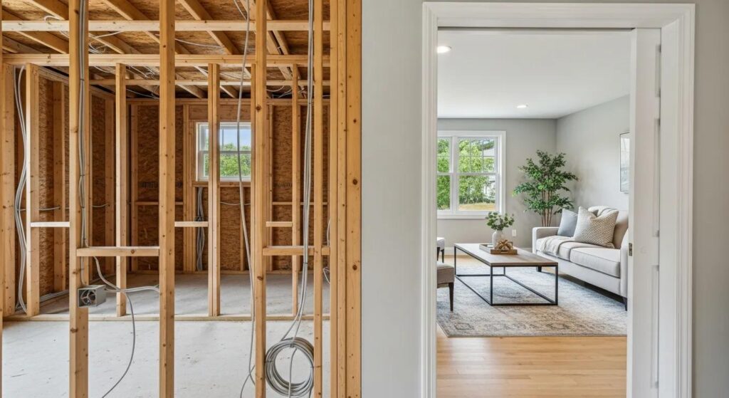 An interior shot of a modern home under renovation. One room is stripped to the studs showing clean wooden frames and exposed wiring, while the adjacent room remains perfectly intact with furniture and paint. Precision and cleanliness emphasized