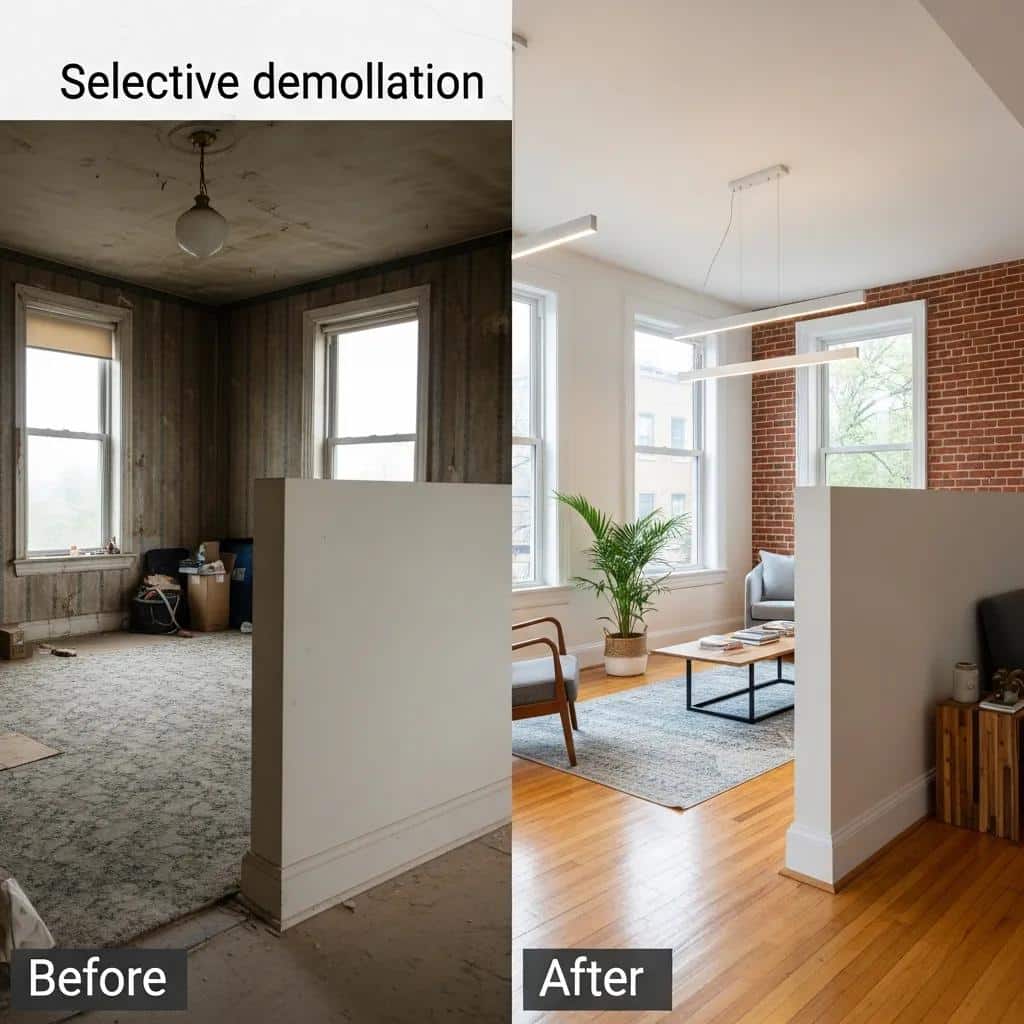 Before-and-after comparison of a renovated space showcasing the benefits of selective demolition